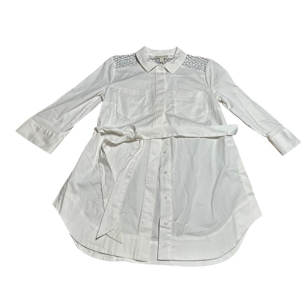 Dana Bushman Belted White long sleeve Blouse curved hemline size Small